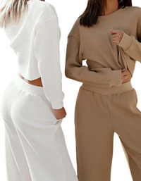 SHOPIQAT Women's Two-Piece Set Round Neck Long Sleeve Wide Leg Pants - Premium  from shopiqat - Just $13.950! Shop now at shopiqat