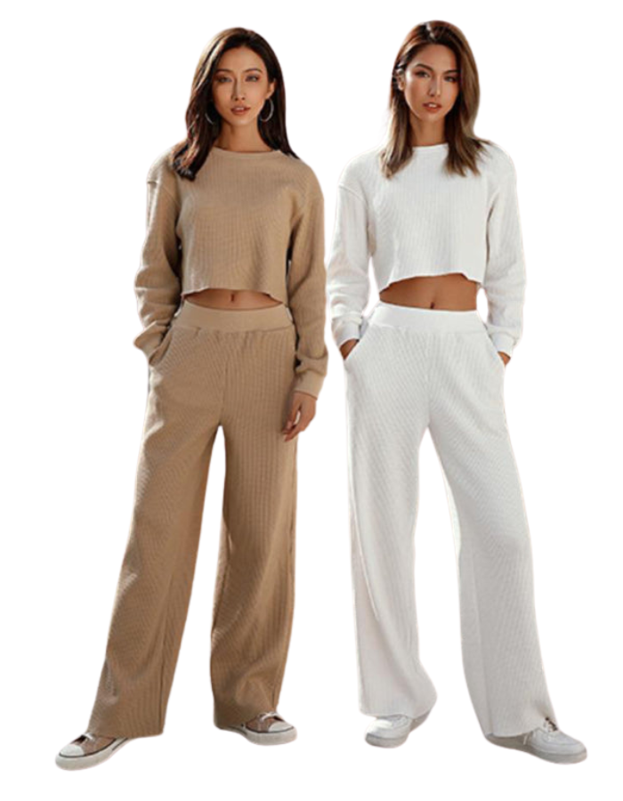 SHOPIQAT Women's Two-Piece Set Round Neck Long Sleeve Wide Leg Pants - Premium  from shopiqat - Just $13.950! Shop now at shopiqat