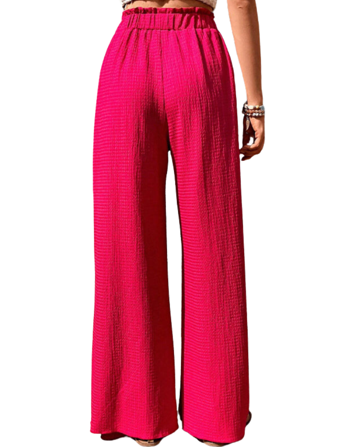 SHOPIQAT Elastic Waist Puff Plaid Casual Wide Leg Pants