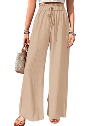 SHOPIQAT Elastic Waist Puff Plaid Casual Wide Leg Pants - Premium  from shopiqat - Just $8.750! Shop now at shopiqat