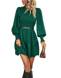 SHOPIQAT Women's Pleated Solid Color Long-Sleeved Dress