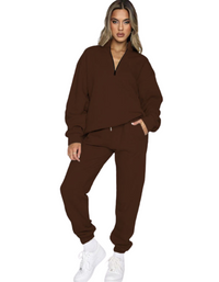 SHOPIQAT Women's New Solid Colour Stand-Up Collar Zipper Pullover Long-Sleeved Sweatshirt and Trousers Suit