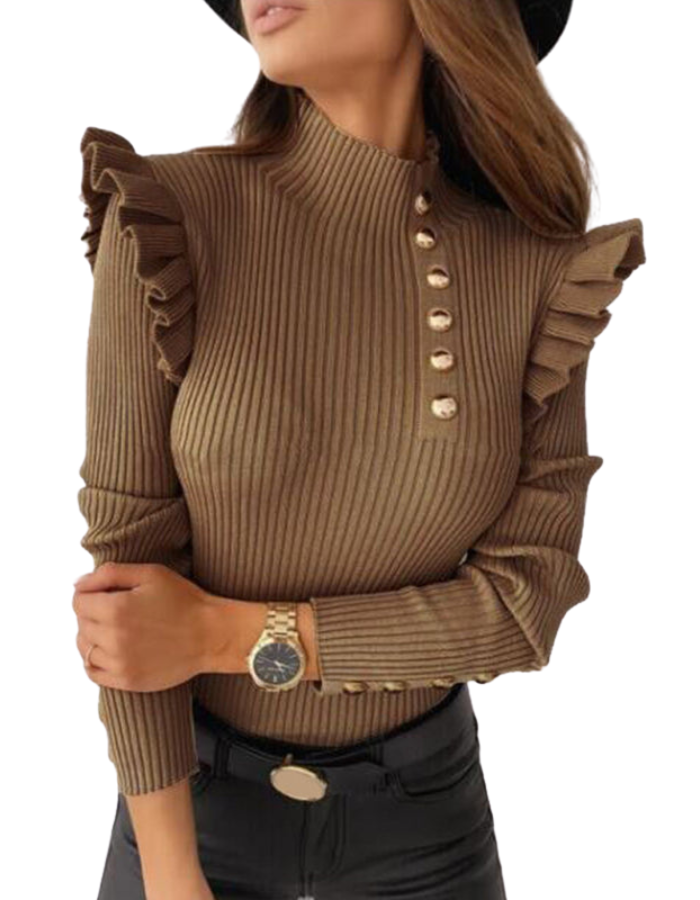 SHOPIQAT Women's Ruffled Long Sleeve Button Bottoming Knitted Top - Premium  from shopiqat - Just $6.990! Shop now at shopiqat