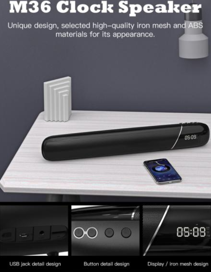 Remax M36 FM Radio Clock Desktop Bluetooth Wireless Speaker Alarm Clock - Black