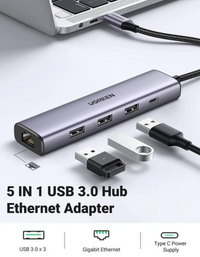 Ugreen USB 3.0 to Ethernet Adapter 5 in 1 Multiport Hub with Gigabit