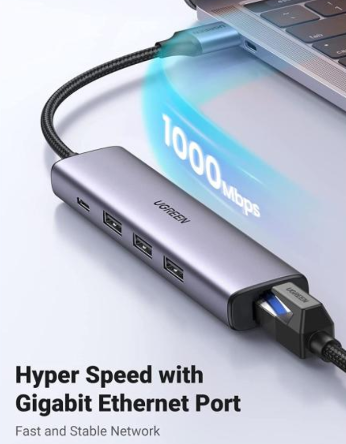 Ugreen USB 3.0 to Ethernet Adapter 5 in 1 Multiport Hub with Gigabit
