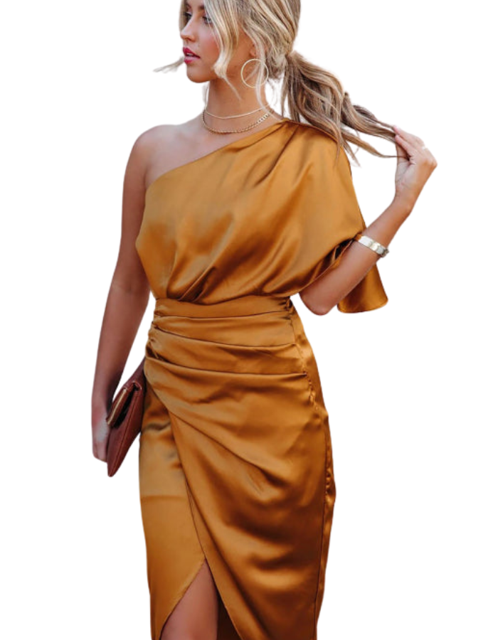 SHOPIQAT One Sleeve Irregular Pleated Waist Skirt Dress - Premium  from shopiqat - Just $8.750! Shop now at shopiqat