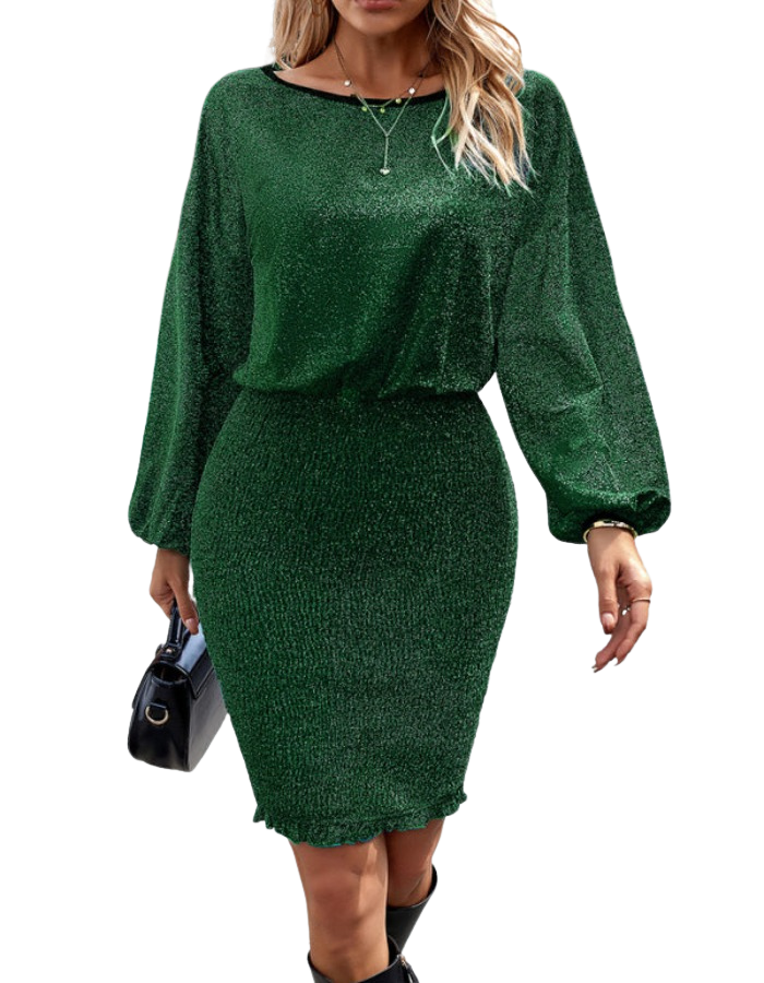 SHOPIQAT Shiny Elegant and Elegant Round Neck Wrap Elastic Hip Dress - Premium Dresses from shopiqat - Just $11.900! Shop now at shopiqat