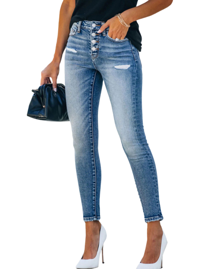 SHOPIQAT Slim Ripped High Stretch Denim Trousers