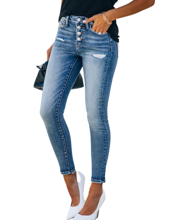 SHOPIQAT Slim Ripped High Stretch Denim Trousers