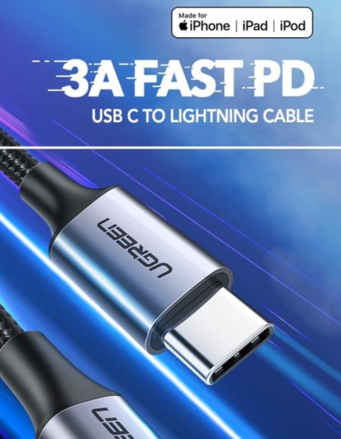 Ugreen USB-C To Lightning Cable (2m - Mfi-Certified) Nylon Braided - Black