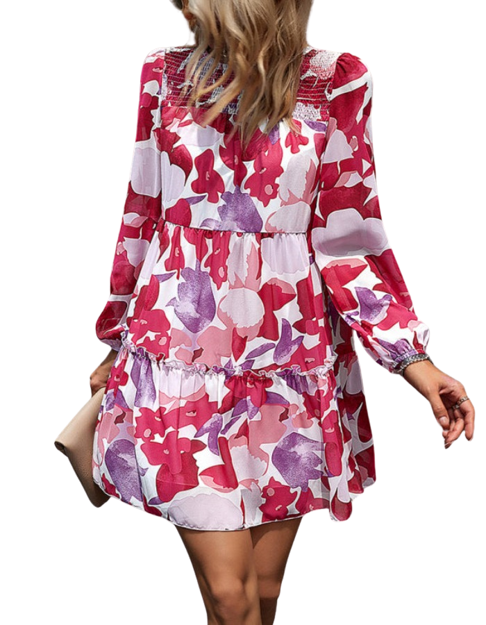 SHOPIQAT Floral Print Round Neck Skirt Chiffon Layered Dress - Premium Dresses from shopiqat - Just $10.200! Shop now at shopiqat
