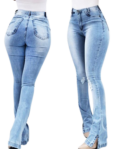 SHOPIQAT High Waist Slit Hem Flare Jeans
