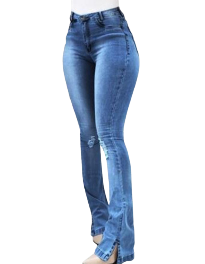 SHOPIQAT High Waist Slit Hem Flare Jeans
