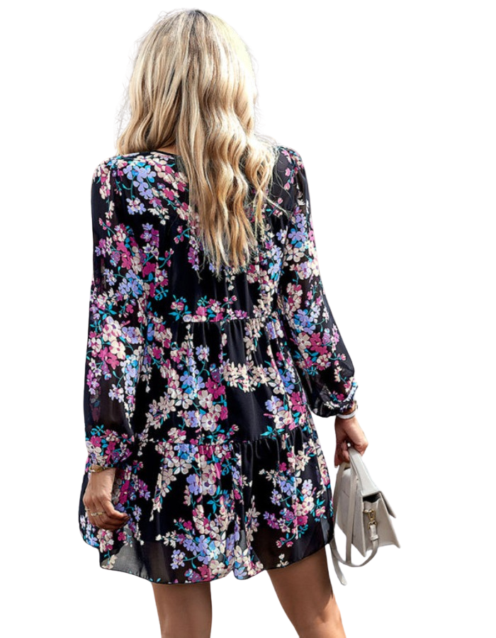 SHOPIQAT Floral Print Round Neck Skirt Chiffon Layered Dress - Premium Dresses from shopiqat - Just $10.200! Shop now at shopiqat