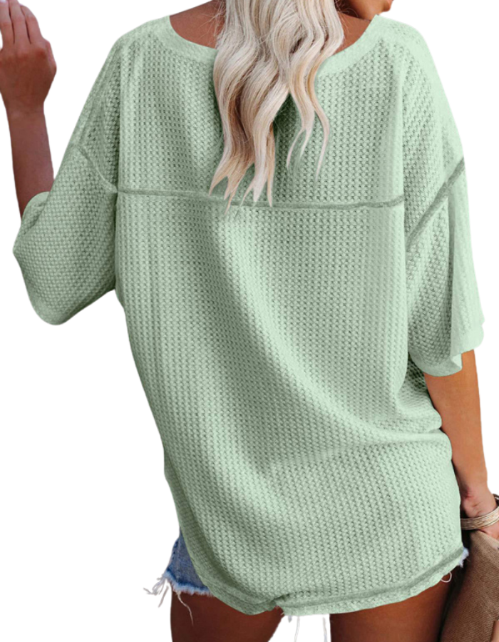 SHOPIQAT New V Neck Dolman Sleeve Waffle Knit Loose Solid Color Short Sleeve T-Shirt - Premium  from shopiqat - Just $7.500! Shop now at shopiqat