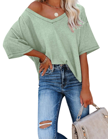 SHOPIQAT New V Neck Dolman Sleeve Waffle Knit Loose Solid Color Short Sleeve T-Shirt - Premium  from shopiqat - Just $7.500! Shop now at shopiqat