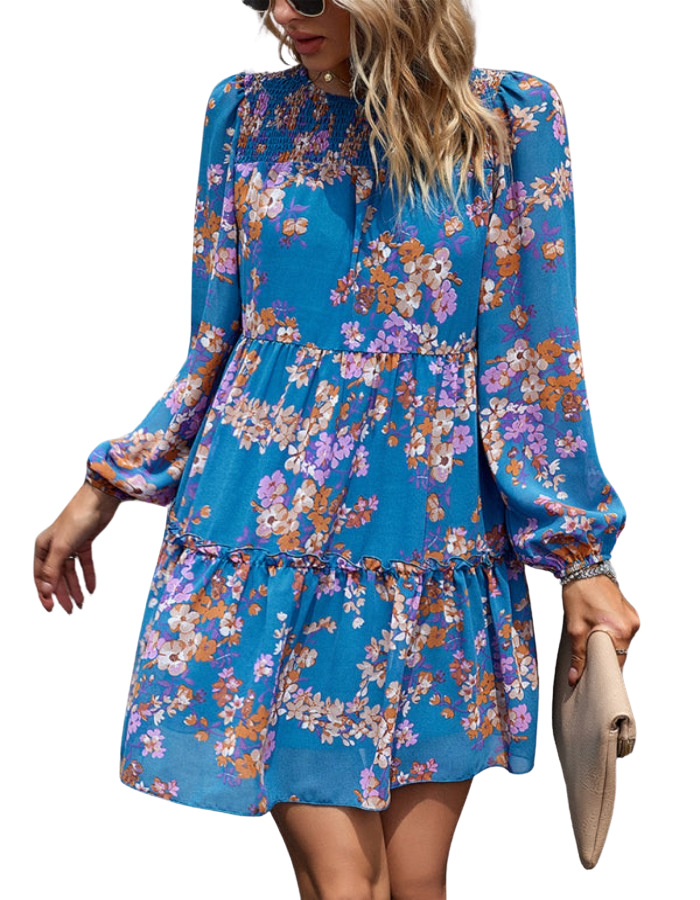 SHOPIQAT Floral Print Round Neck Skirt Chiffon Layered Dress - Premium Dresses from shopiqat - Just $10.200! Shop now at shopiqat