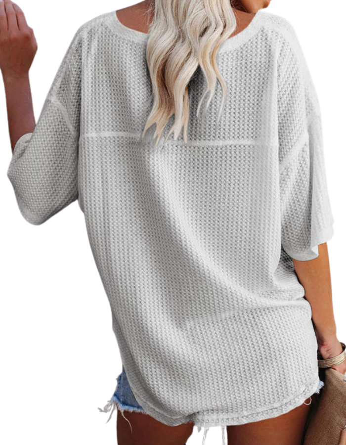 SHOPIQAT New V Neck Dolman Sleeve Waffle Knit Loose Solid Color Short Sleeve T-Shirt - Premium  from shopiqat - Just $7.500! Shop now at shopiqat