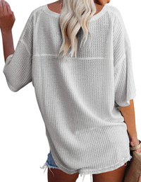 SHOPIQAT New V Neck Dolman Sleeve Waffle Knit Loose Solid Color Short Sleeve T-Shirt - Premium  from shopiqat - Just $7.500! Shop now at shopiqat