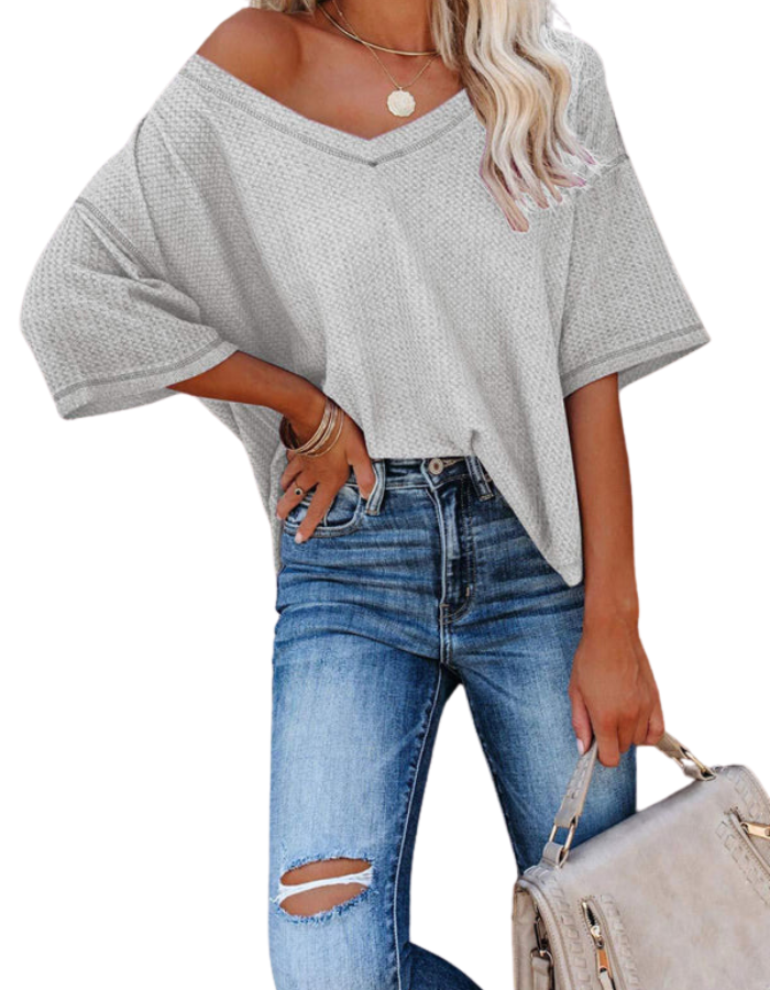SHOPIQAT New V Neck Dolman Sleeve Waffle Knit Loose Solid Color Short Sleeve T-Shirt - Premium  from shopiqat - Just $7.500! Shop now at shopiqat