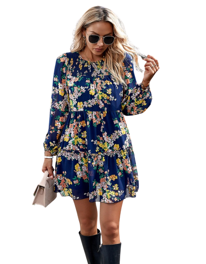 SHOPIQAT Floral Print Round Neck Skirt Chiffon Layered Dress - Premium Dresses from shopiqat - Just $10.200! Shop now at shopiqat