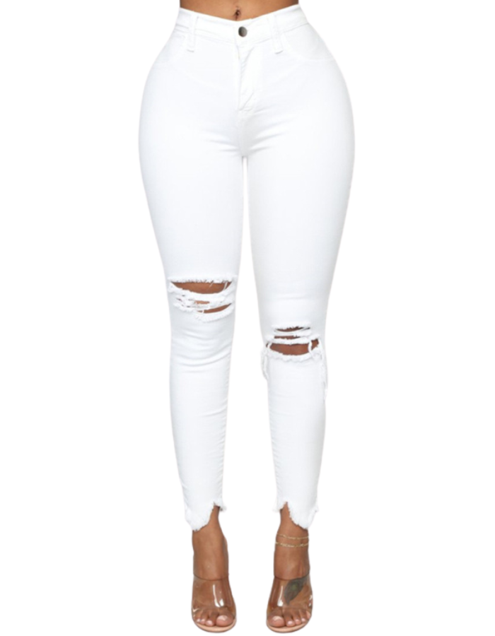 SHOPIQAT High Waist Chew Hem Ripped Ankle Cigarette Jeans