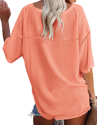 SHOPIQAT New V Neck Dolman Sleeve Waffle Knit Loose Solid Color Short Sleeve T-Shirt - Premium  from shopiqat - Just $7.500! Shop now at shopiqat