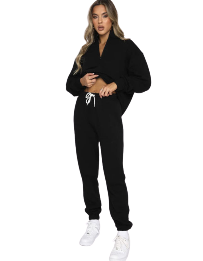 SHOPIQAT Women's New Solid Colour Stand-Up Collar Zipper Pullover Long-Sleeved Sweatshirt and Trousers Suit