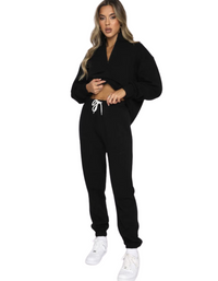 SHOPIQAT Women's New Solid Colour Stand-Up Collar Zipper Pullover Long-Sleeved Sweatshirt and Trousers Suit