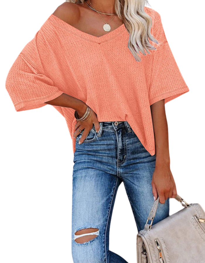 SHOPIQAT New V Neck Dolman Sleeve Waffle Knit Loose Solid Color Short Sleeve T-Shirt - Premium  from shopiqat - Just $7.500! Shop now at shopiqat