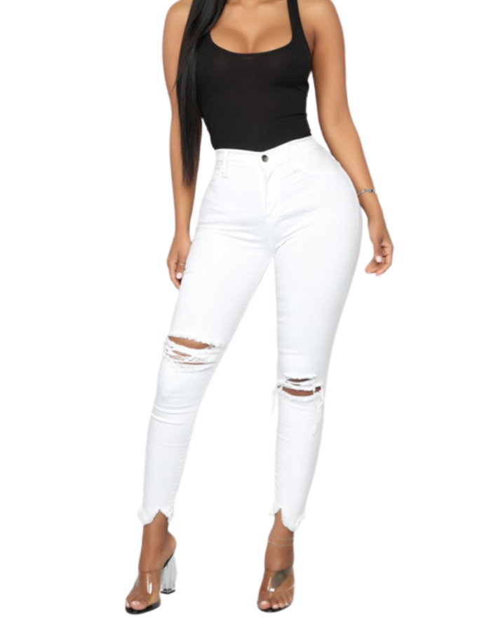 SHOPIQAT High Waist Chew Hem Ripped Ankle Cigarette Jeans