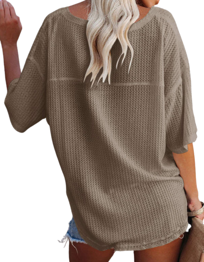 SHOPIQAT New V Neck Dolman Sleeve Waffle Knit Loose Solid Color Short Sleeve T-Shirt - Premium  from shopiqat - Just $7.500! Shop now at shopiqat