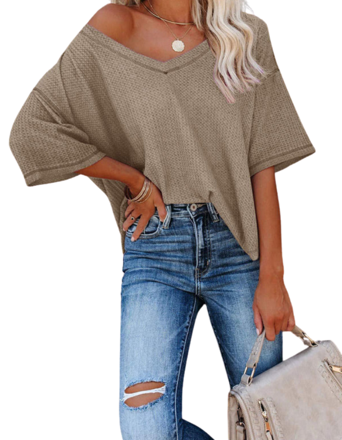 SHOPIQAT New V Neck Dolman Sleeve Waffle Knit Loose Solid Color Short Sleeve T-Shirt - Premium  from shopiqat - Just $7.500! Shop now at shopiqat