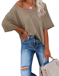 SHOPIQAT New V Neck Dolman Sleeve Waffle Knit Loose Solid Color Short Sleeve T-Shirt - Premium  from shopiqat - Just $7.500! Shop now at shopiqat