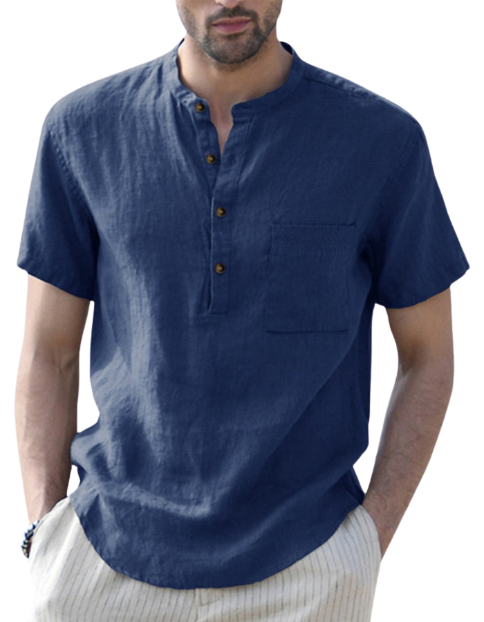 SHOPIQAT Men's Woven Casual Stand Collar Linen Short Sleeve Shirt - Premium  from shopiqat - Just $6.900! Shop now at shopiqat