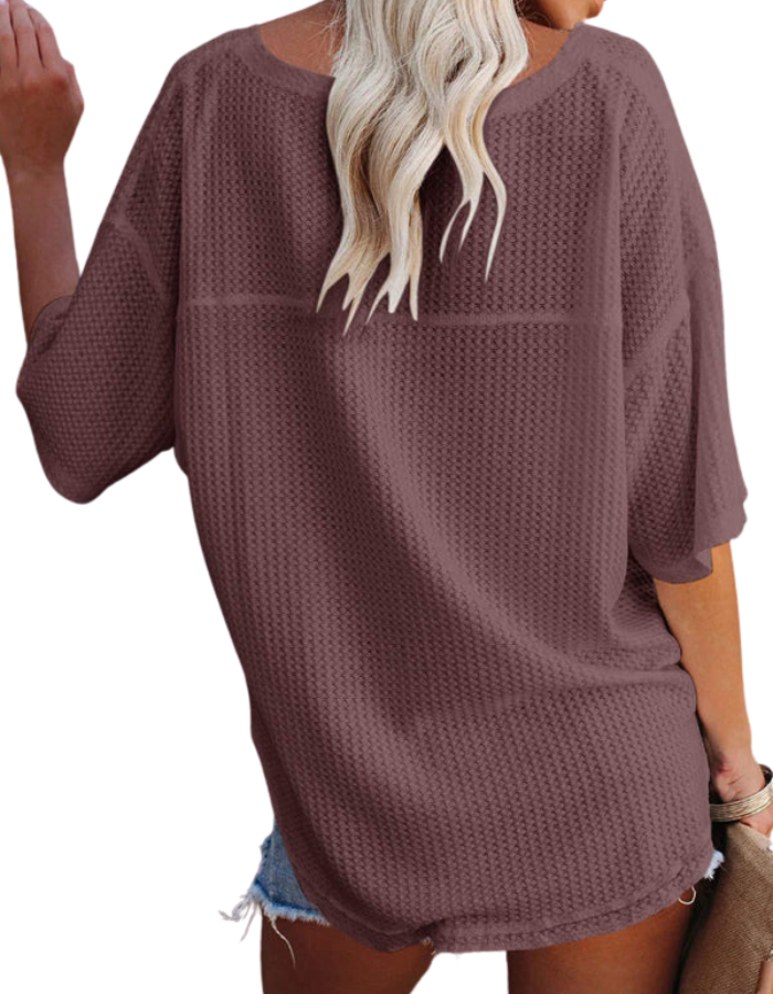 SHOPIQAT New V Neck Dolman Sleeve Waffle Knit Loose Solid Color Short Sleeve T-Shirt - Premium  from shopiqat - Just $7.500! Shop now at shopiqat