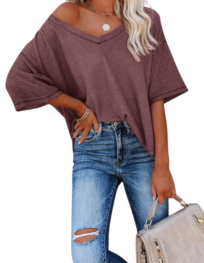 SHOPIQAT New V Neck Dolman Sleeve Waffle Knit Loose Solid Color Short Sleeve T-Shirt - Premium  from shopiqat - Just $7.500! Shop now at shopiqat