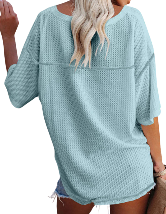 SHOPIQAT New V Neck Dolman Sleeve Waffle Knit Loose Solid Color Short Sleeve T-Shirt - Premium  from shopiqat - Just $7.500! Shop now at shopiqat