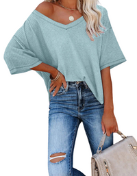 SHOPIQAT New V Neck Dolman Sleeve Waffle Knit Loose Solid Color Short Sleeve T-Shirt