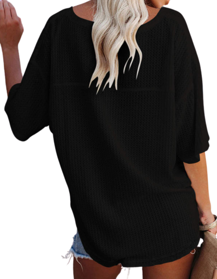 SHOPIQAT New V Neck Dolman Sleeve Waffle Knit Loose Solid Color Short Sleeve T-Shirt - Premium  from shopiqat - Just $7.500! Shop now at shopiqat