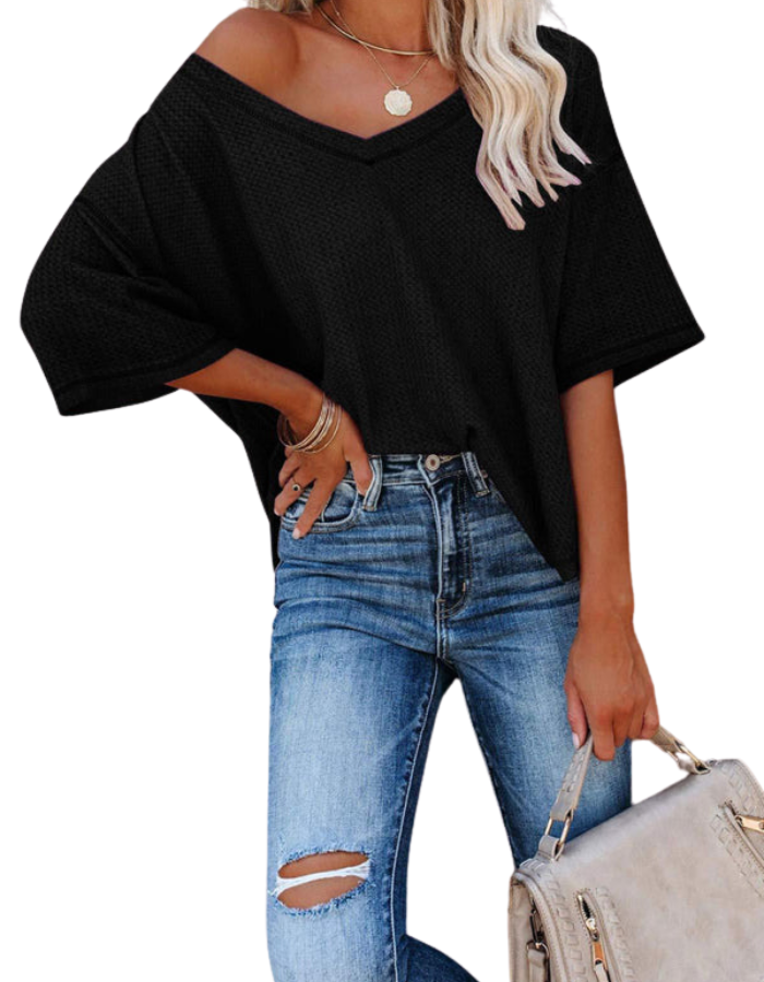 SHOPIQAT New V Neck Dolman Sleeve Waffle Knit Loose Solid Color Short Sleeve T-Shirt - Premium  from shopiqat - Just $7.500! Shop now at shopiqat