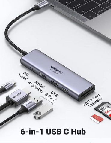 Ugreen USB C Hub 4K 60Hz, 6-in-1 USB C to USB Adapter with 100W PD