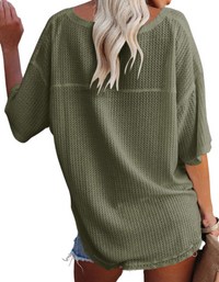 SHOPIQAT New V Neck Dolman Sleeve Waffle Knit Loose Solid Color Short Sleeve T-Shirt - Premium  from shopiqat - Just $7.500! Shop now at shopiqat