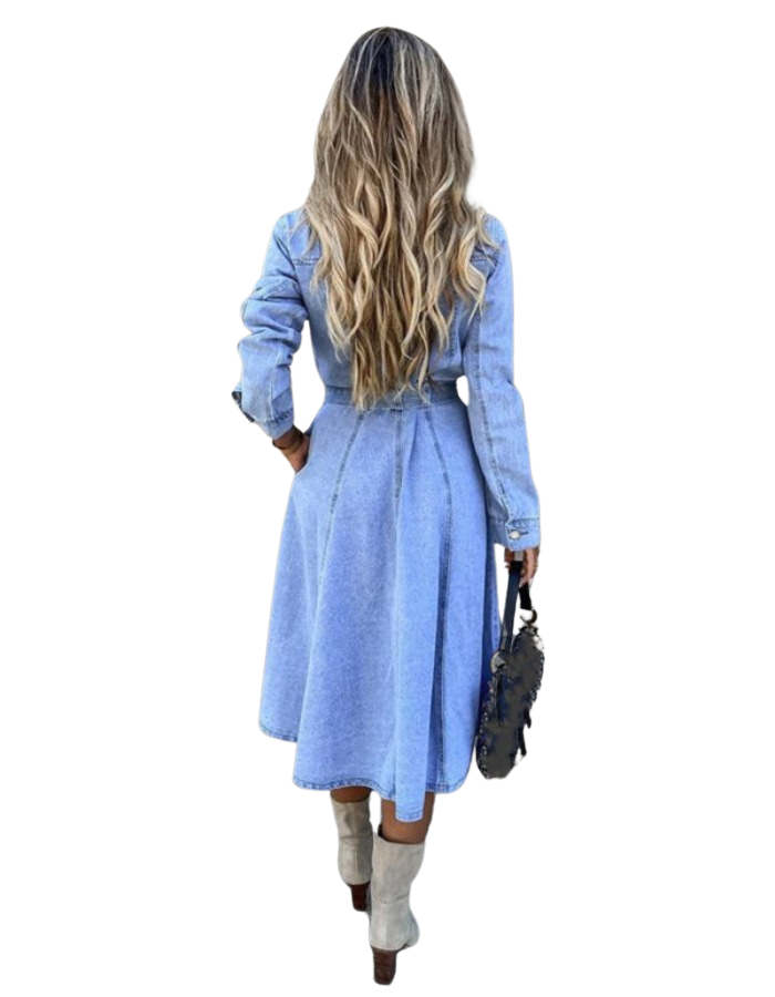 SHOPIQAT Denim Casual High Waist Pocket Lapel Dress - Premium Dresses from shopiqat - Just $9.900! Shop now at shopiqat