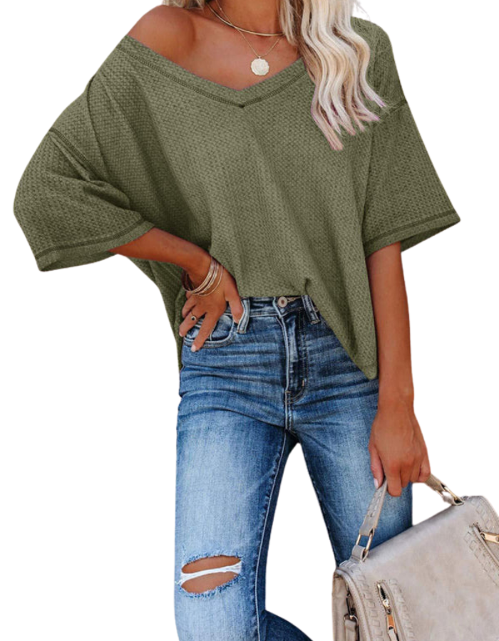 SHOPIQAT New V Neck Dolman Sleeve Waffle Knit Loose Solid Color Short Sleeve T-Shirt