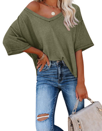 SHOPIQAT New V Neck Dolman Sleeve Waffle Knit Loose Solid Color Short Sleeve T-Shirt