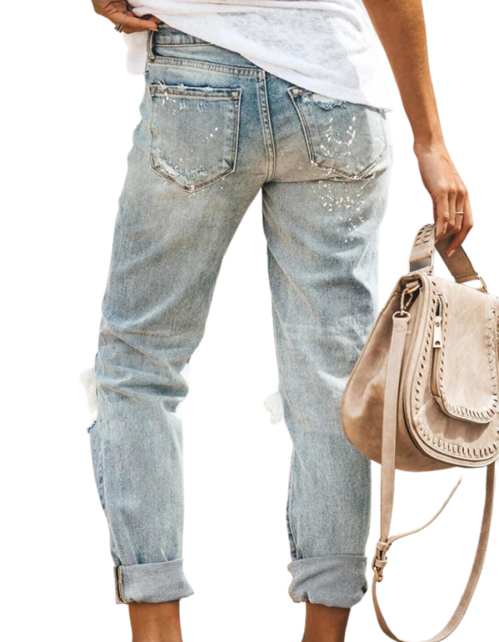 SHOPIQAT Five-Pocket Straight Leg Cuffed Denim Jeans