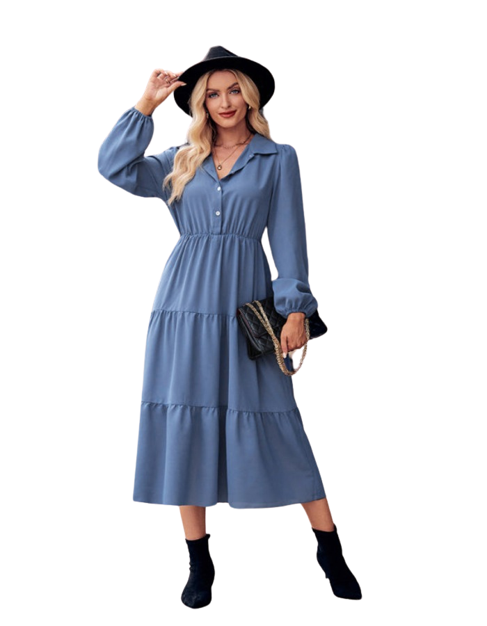 SHOPIQAT Casual Shirt Collar Button Waist Long Sleeve Dress - Premium Dresses from shopiqat - Just $11.300! Shop now at shopiqat