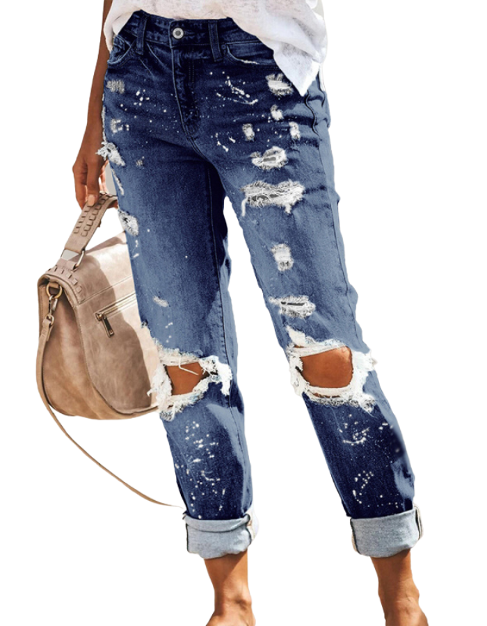 SHOPIQAT Five-Pocket Straight Leg Cuffed Denim Jeans